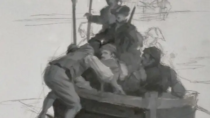 Augusto Ferrer-Dalmau “El desembarco” ,boceto iniciado del cuadro "El Regreso ", del CESEDEN, (40. X 35)