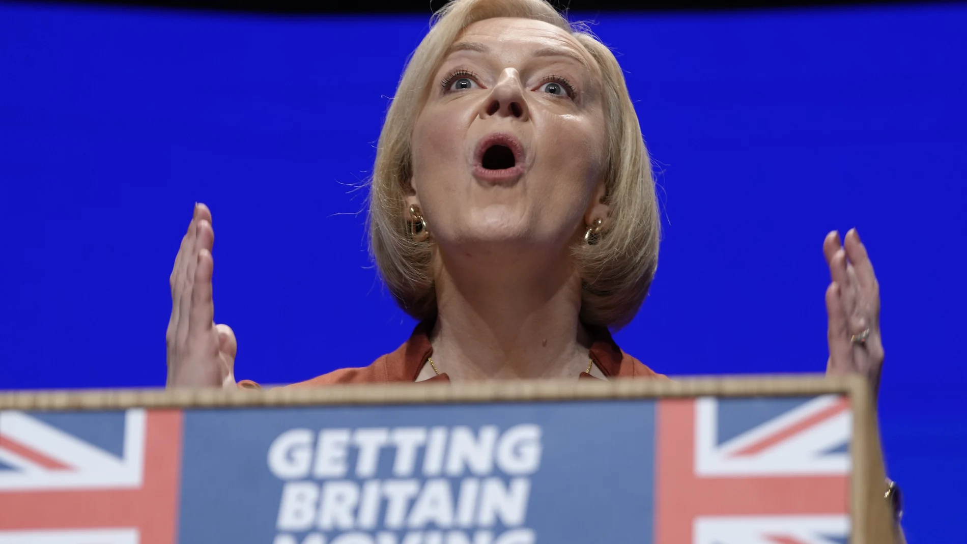La "premier" Liz Truss, durante el Congreso Conservador en Birmingham, el 5 de octubre