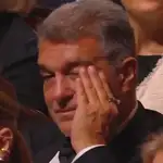 Joan Laporta, presidente del Barcelona, emocionado en la gala del Balón de Oro 2022