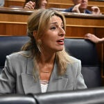 Yolanda Díaz, en su escaño del Congreso