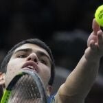 Alcaraz se dispone a ejecutar un servicio ante Dimitrov