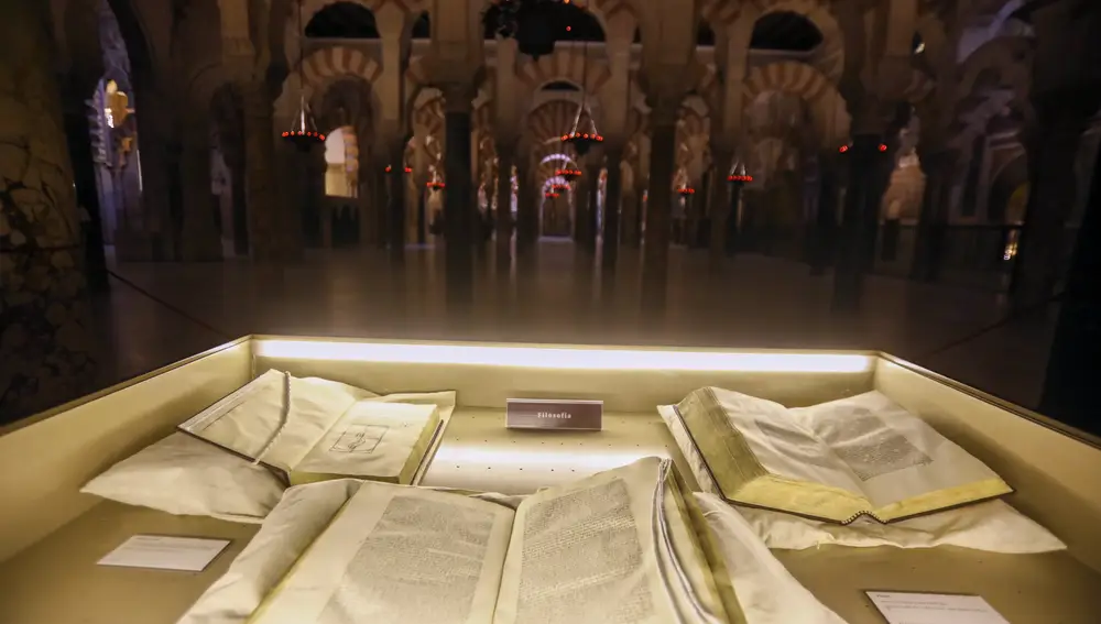 CÓRDOBA, 06/11/2022.- Textos de uno de los libros de la exposición en la Mezquita - Catedral de Córdoba una de las sedes de la exposición. Córdoba acoge hasta el próximo 31 de enero una exposición "única" y "singular" de textos griegos del siglo XVI hallados en las bibliotecas de la ciudad con donaciones de Ginés de Sepúlveda, principalmente, y que muestra el importante legado bibliográfico del helenismo cordobés. EFE/Salas