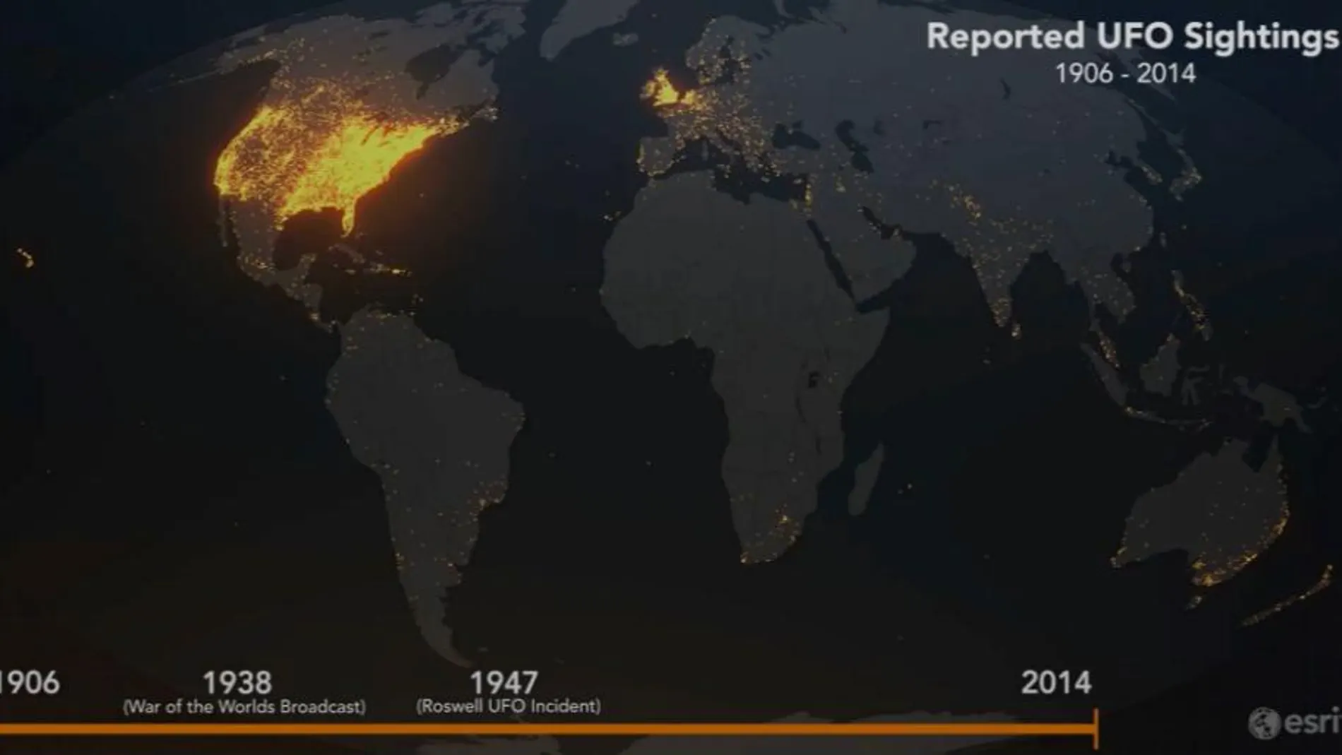 Regiones del planeta donde se han señalado avistamientos de OVNIS entre 1906 y 2014. Es obvio que hablan en inglés.