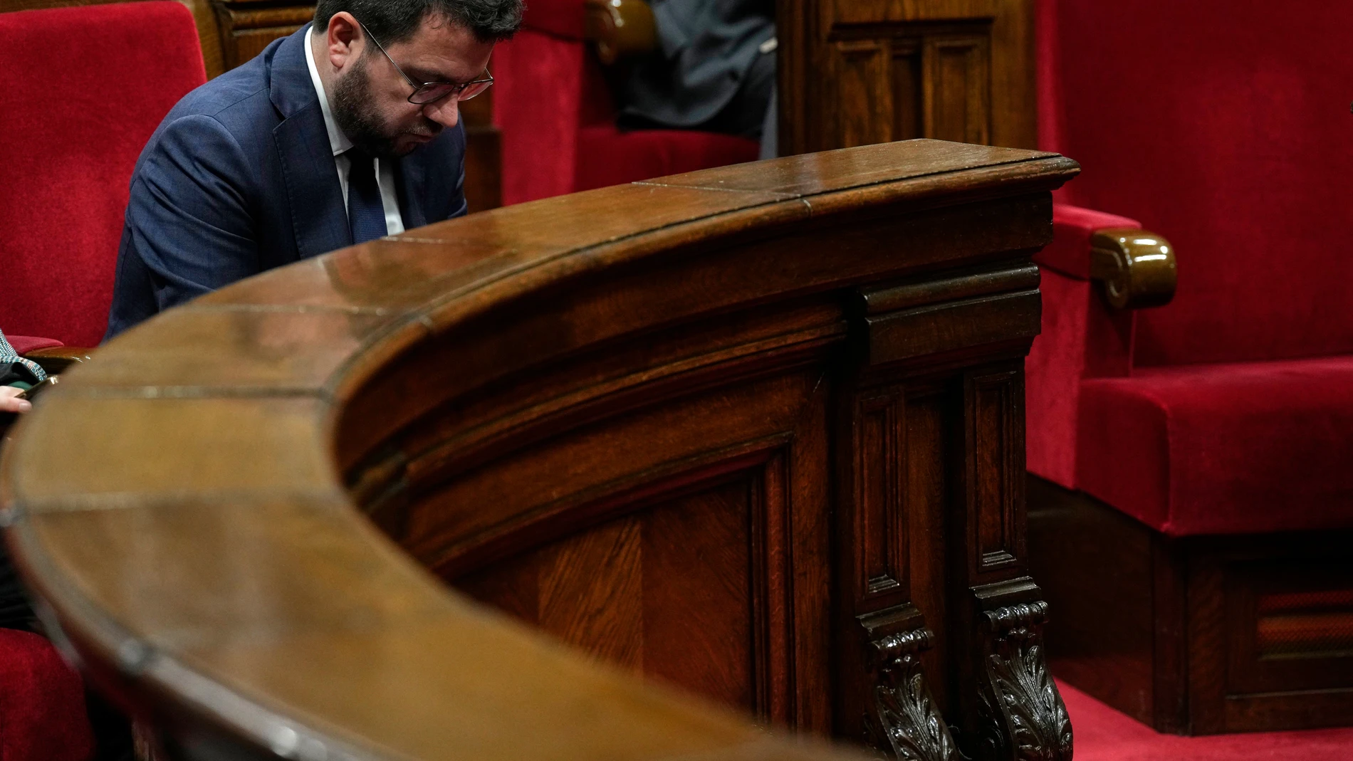 El presidente de la Generalitat Pere Aragonès, en el Parlament durante el debate y votación de la moción