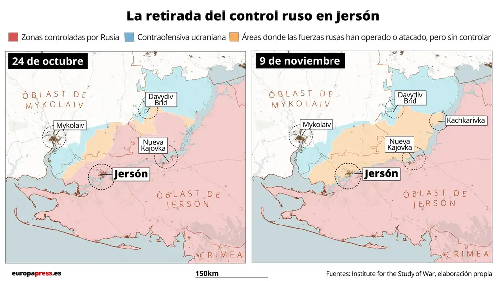 Mapa que compara la situación de la guerra en Jersón (Ucrania) el 9 de noviembre y el 24 de octubre. El Gobierno de Rusia ha anunciado este jueves el inicio de una serie de maniobras militares de "preparación" en la orilla occidental del río Dniéper después de que las autoridades anunciaran la retirada de sus tropas de Jersón en el marco de la invasión de Ucrania.10 NOVIEMBRE 2022Europa Press10/11/2022