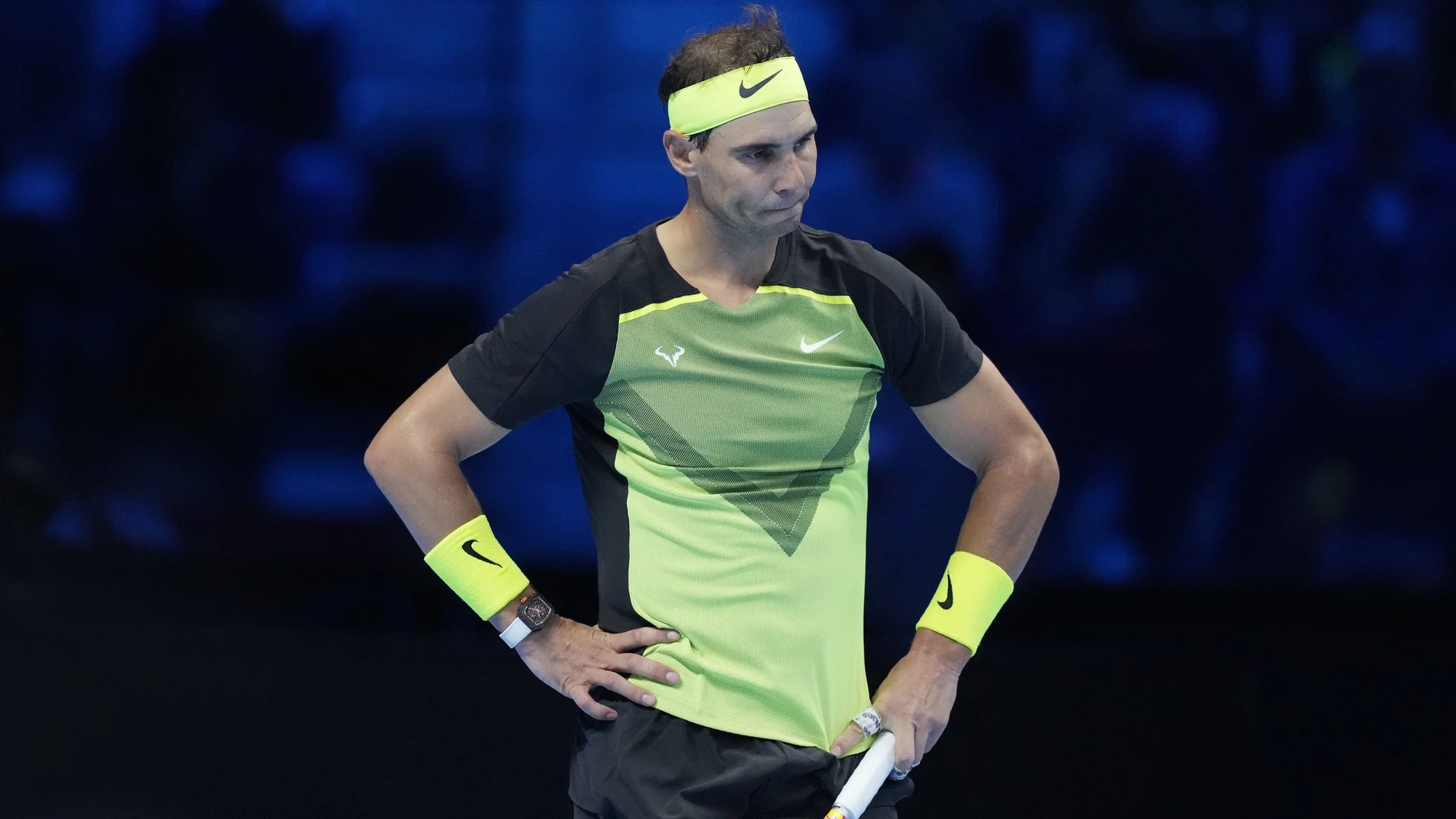 Nadal se lamenta durante su primer partido del Masters, ante Fritz