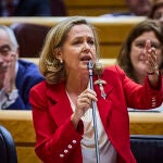 Nadia Calviño, Vicepresidenta primera y ministra de Asuntos Económicos y Transformación Digital durante su última comparecencia en la sesión de control al gobierno en el Senado.