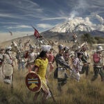 Composición del artista digital Jordi Bru que muestra al variopinto contingente que lideraba Hernán Cortés, camino a Tenochtitlán