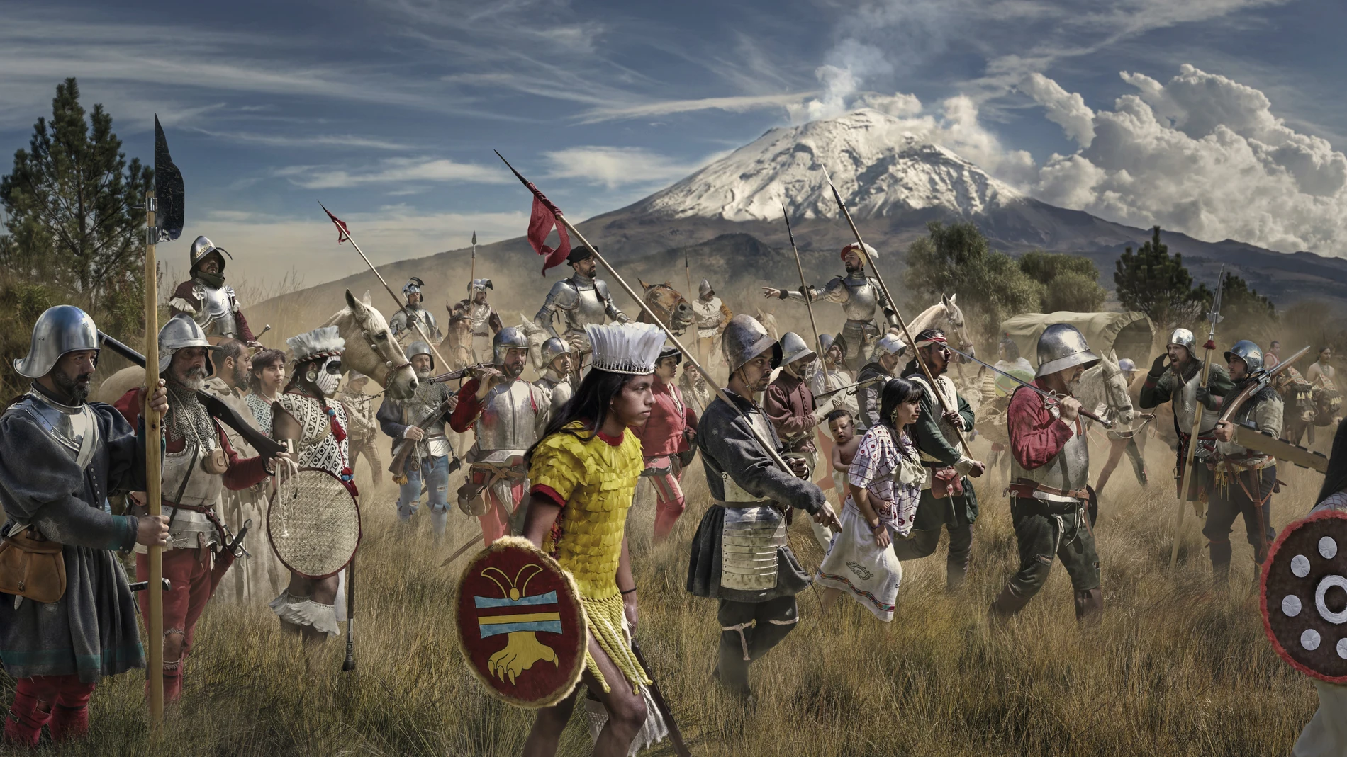 Composición del artista digital Jordi Bru que muestra al variopinto contingente que lideraba Hernán Cortés, camino a Tenochtitlán