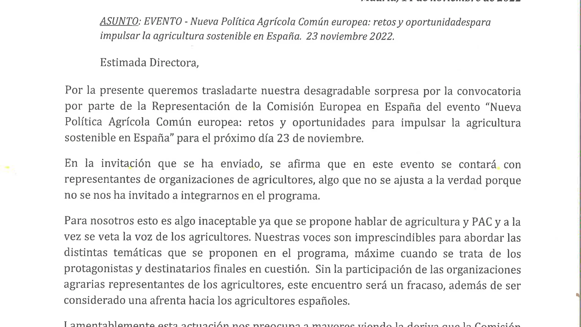Imagen de la carta remitida por las organizaciones agrarias a la CE