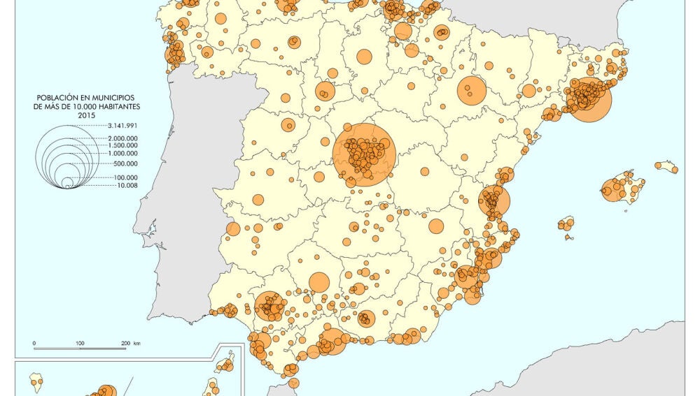 Mapa de las ciudades en España.