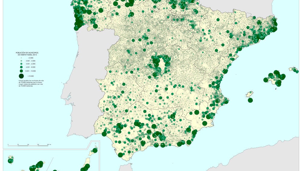 Mapa de los asentamientos rurales en España.