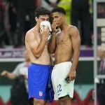 Gio Reyna, a la izquierda, charla con Jude Bellingham, su compañero de equipo en el Borussia y con el que se enfrentó en el Mundial en el EE UU - Inglaterra