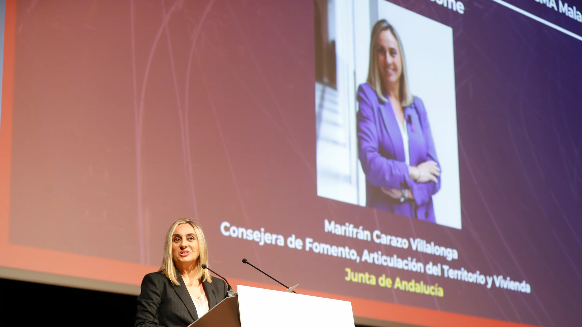 La consejera de Fomento de la Junta de Andalucía, Marifrán Carazo, durante la inauguración del congreso "Rail Live!"