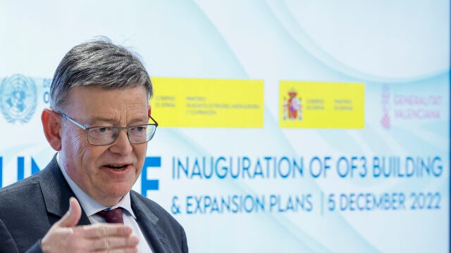 El president de la Generalitat, Ximo Puig, durante su intervención en el acto de inauguración de un nuevo edificio de las Naciones Unidas en Quart de Poblet (Valencia).