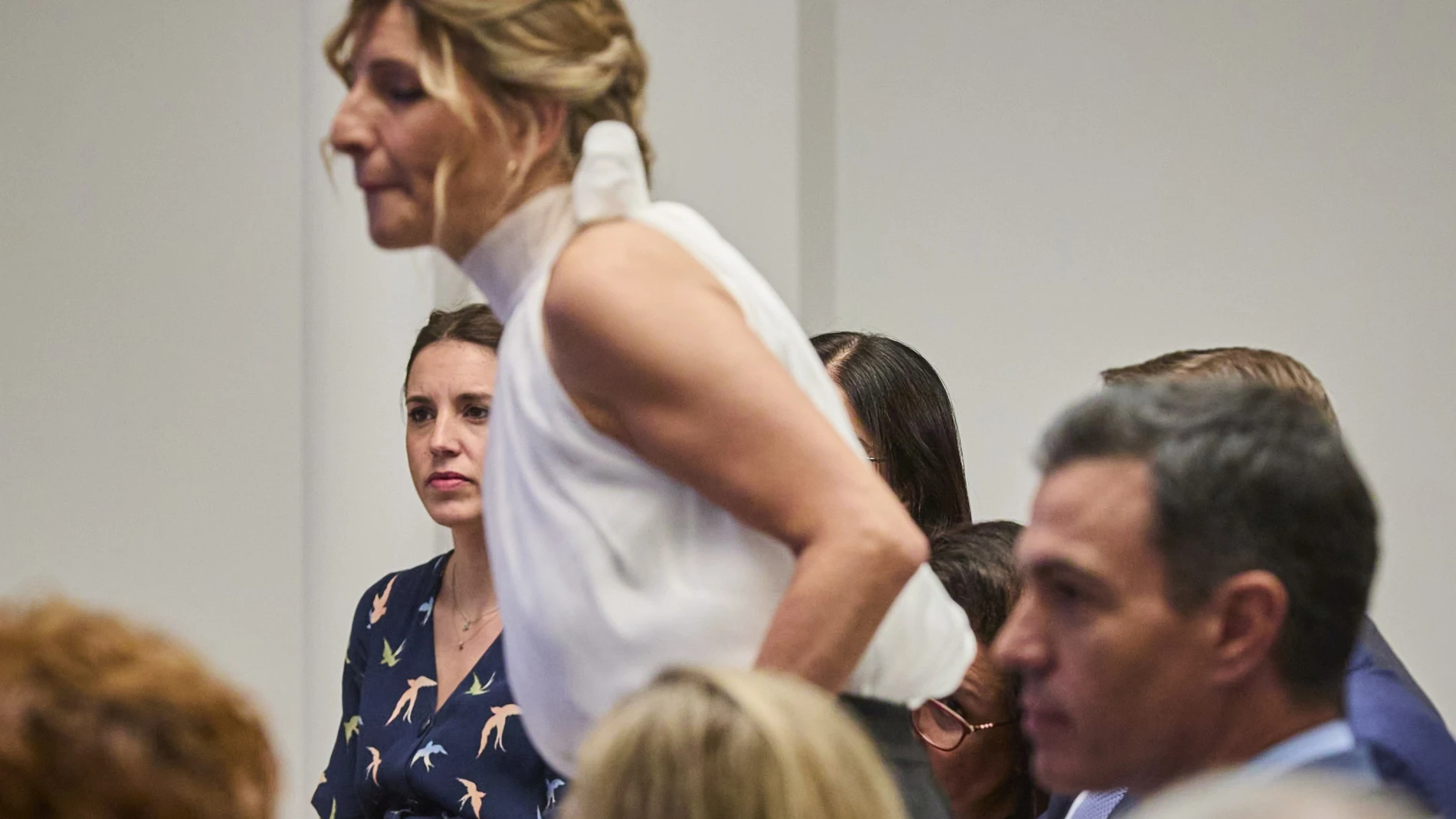 Pedro Sánchez, Irene Montero y Yolanda Diaz durante la clausura del acto de presentación del plan estratégico para la recuperación y transformación económica (PERTE) de Economía Social y de los Cuidados
