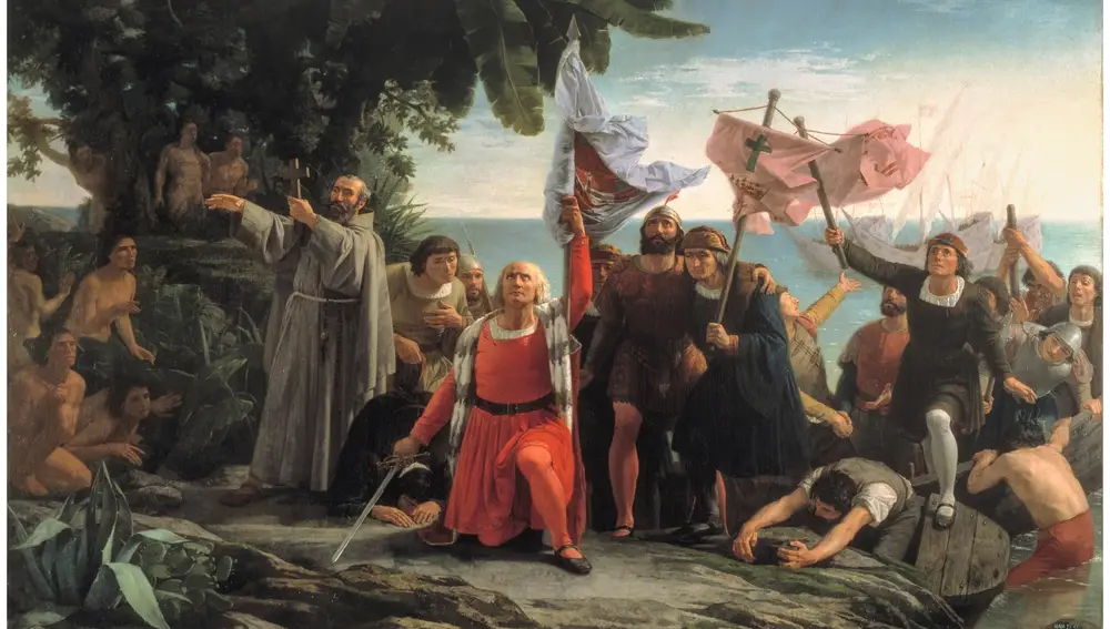 "Primer desembarco de Cristóbal Colón en América", óleo de Puebla y Tolín
