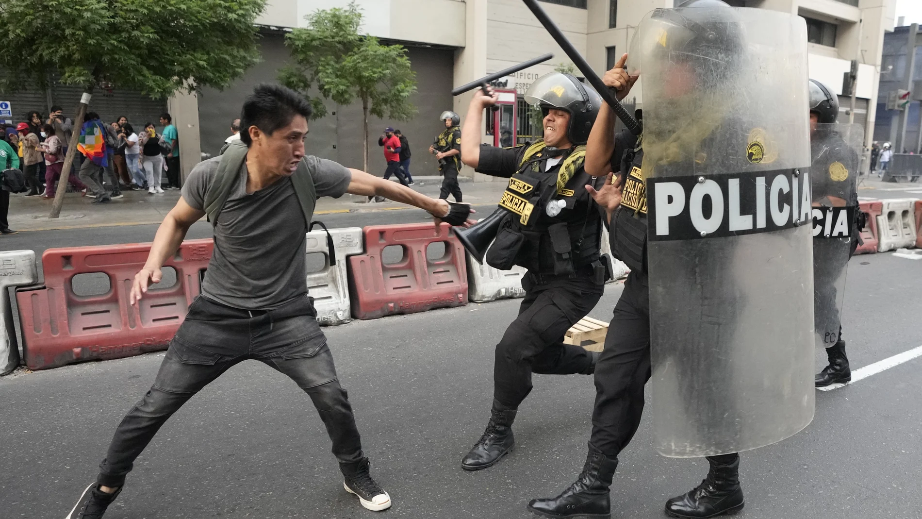 Un seguidor de Pedro Castillo se enfrenta a un policía en Lima