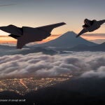Una foto sin fecha facilitada por el Ministerio de Defensa de Japón muestra una impresión artística de dos aviones de combate de próxima generación volando en el espacio aéreo cerca del monte Fuji en Japón.