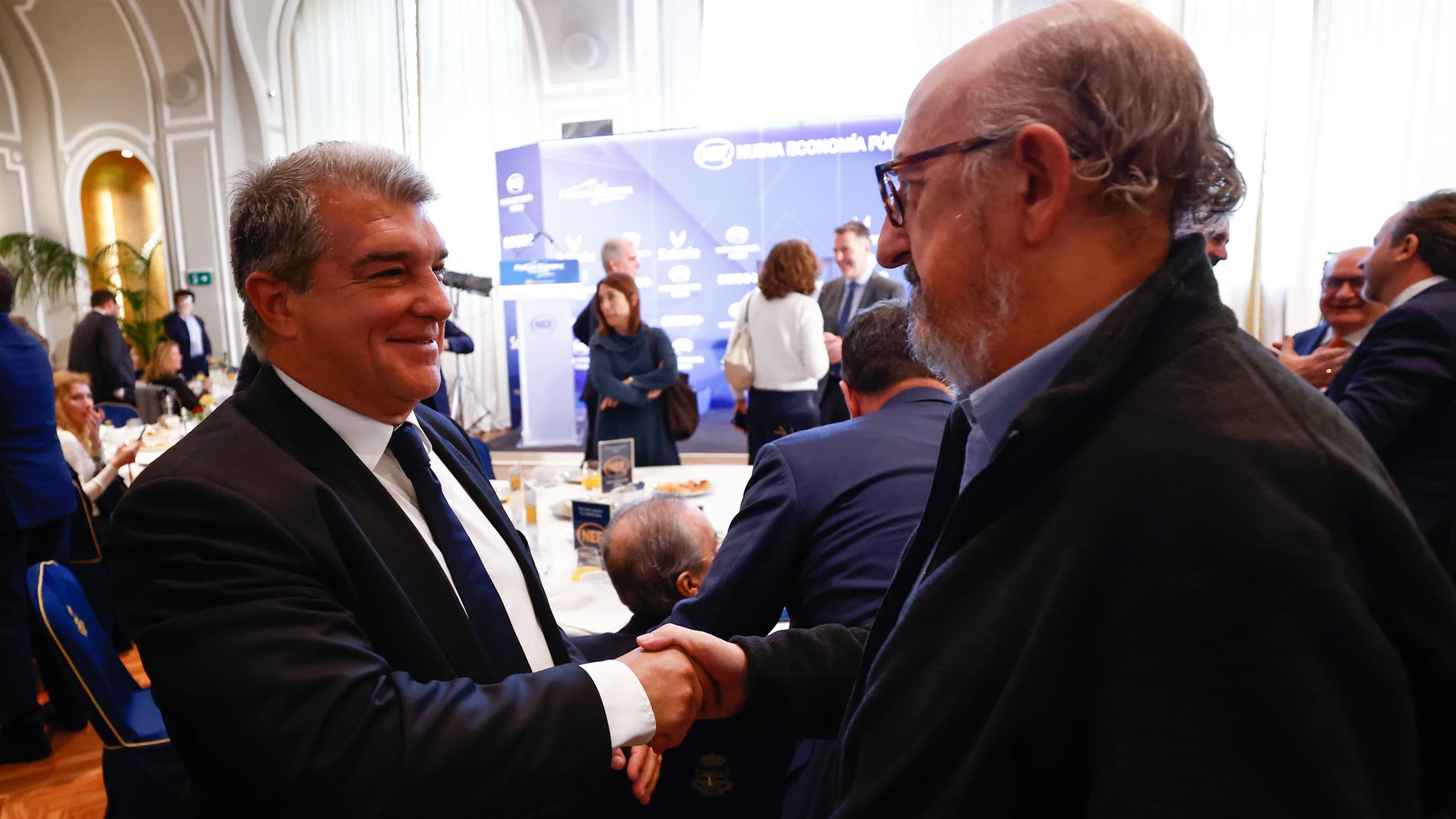 Joan Laporta, Jaume Roures y Florentino Pérez en el acto de la Superliga
