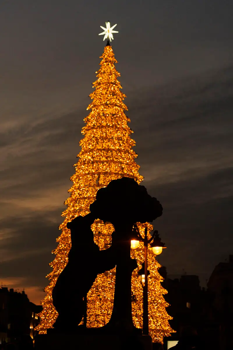 MADRID, 19/12/2022.- El símbolo de Madrid, El Oso y el Madroño, con el árbol de Navidad en la Puerta del Sol en Madrid, este lunes 19 de Diciembre 2022. EFE/Sergio Pérez