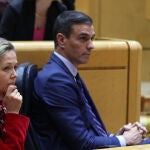 El presidente del Gobierno, Pedro Sánchez y la vicepresidenta Nadia Calviño