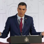 El presidente del Gobierno, Pedro Sánchez comparece antes los medios tras el Consejo de Ministros celebrado en el Palacio de La Moncloa en Madrid este martes. EFE/ Juan Carlos Hidalgo