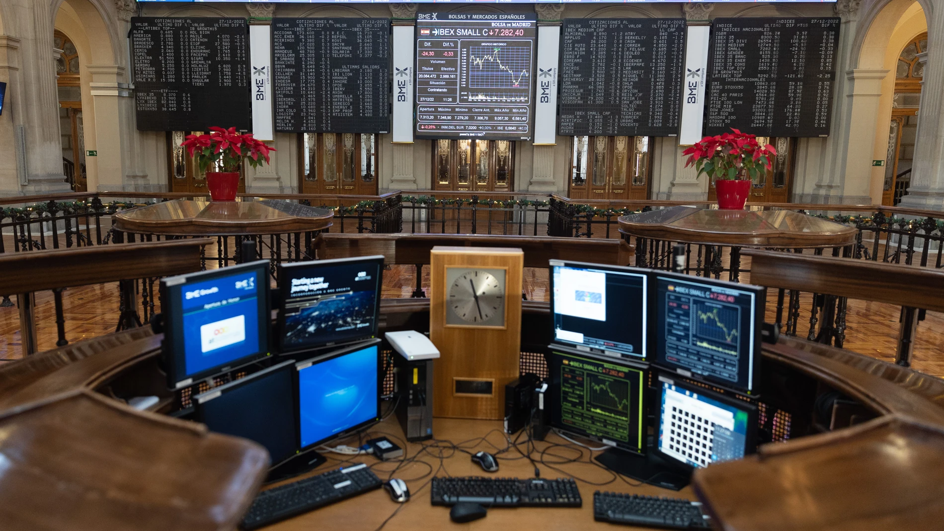Un panel del Ibex 35 en el Palacio de la Bolsa de Madrid