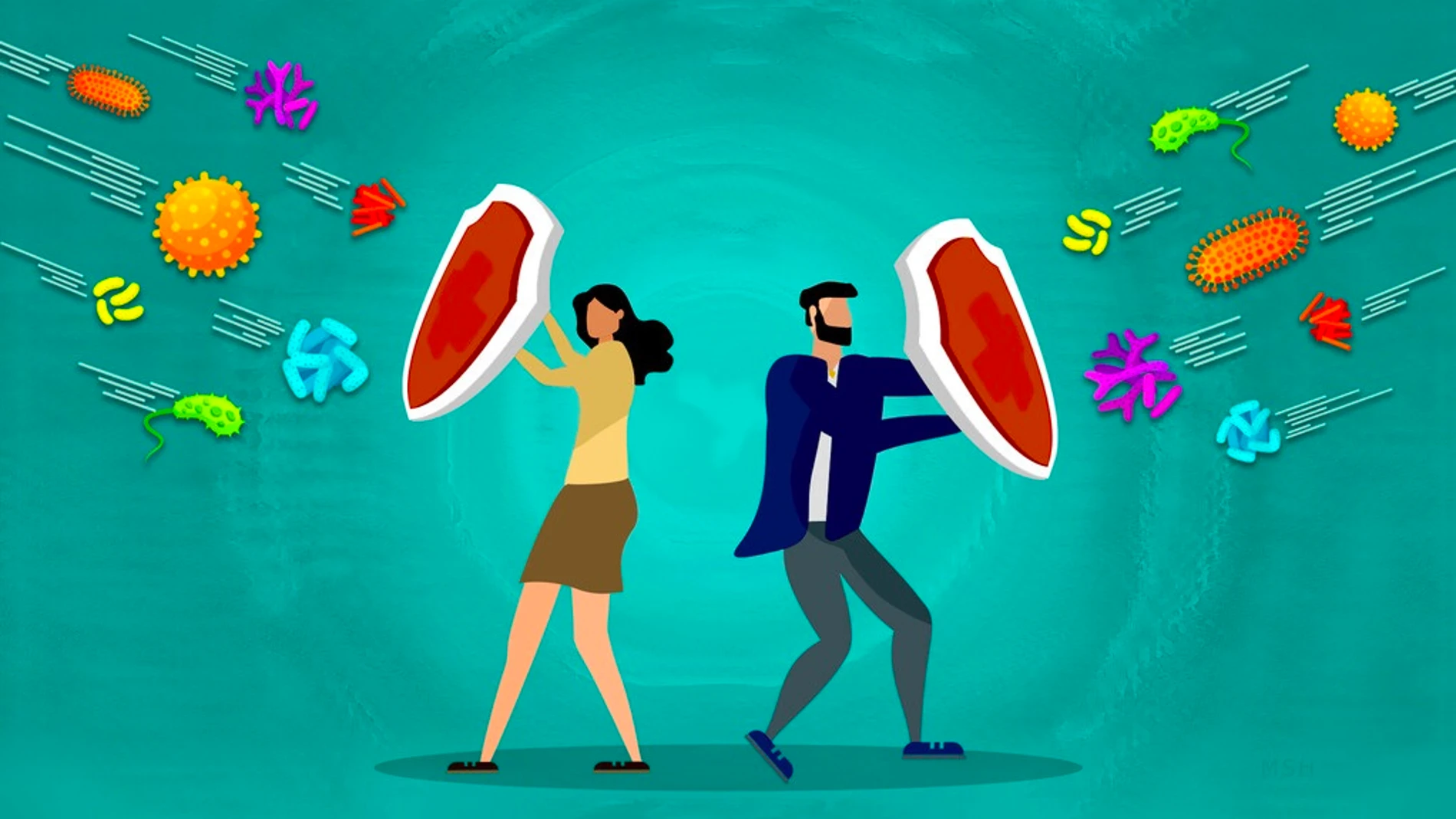 Ilustración en la que un hombre y una mujer se protegen con un escudo frente a virus y bacterias.