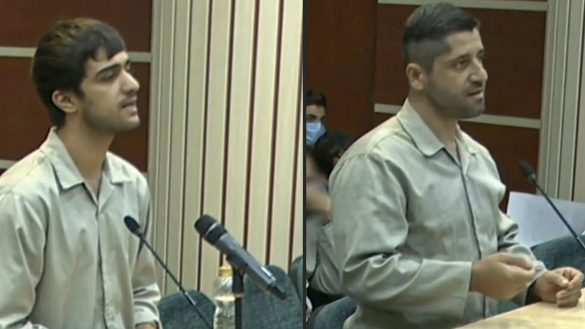 Una imagen obtenida por la televisión estatal iraní IRINN el 7 de enero de 2023 muestra a Mohammad Mahdi Karami y Seyyed Mohammad Hosseini, antes de ser ejecutados
