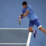 Novak Djokovic golpea un revés a dos manos desde el fondo de la pista