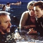 James Cameron en el rodaje de "Titanic", junto a Leonardo DiCaprio y Kate Winslet