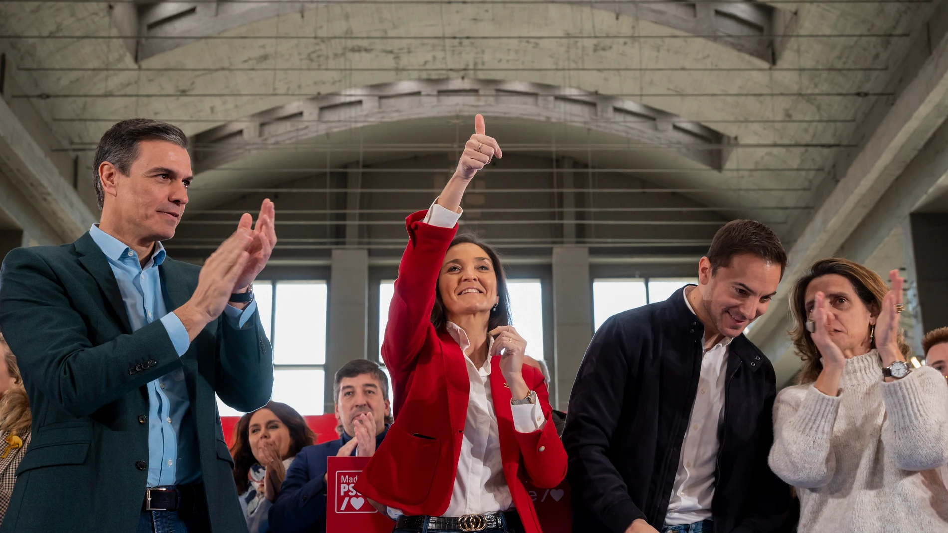 Pedro Sánchez, Reyes Maroto, Juan Lobato y Teresa Ribera, en la presentación de Maroto como candidata socialista al Ayuntamiento