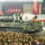 A photo released by the official North Korean Central News Agency (KCNA) shows a Hwasong-17 intercontinental ballistic missile displayed during a military parade at Kim Il Sung Square to mark the 75th anniversary of the founding of the Korean People's Army (KPA), the revolutionary armed forces of the Worker's Party of Korea (WPK) in Pyongyang, North Korea,