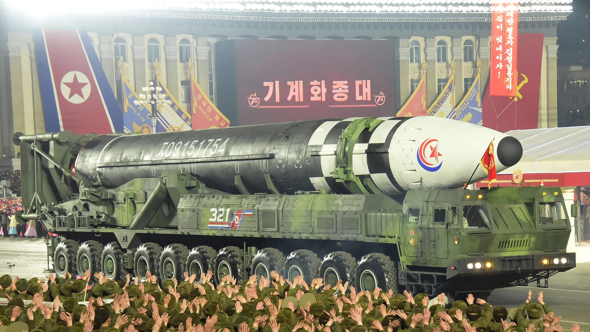 A photo released by the official North Korean Central News Agency (KCNA) shows a Hwasong-17 intercontinental ballistic missile displayed during a military parade at Kim Il Sung Square to mark the 75th anniversary of the founding of the Korean People's Army (KPA), the revolutionary armed forces of the Worker's Party of Korea (WPK) in Pyongyang, North Korea,