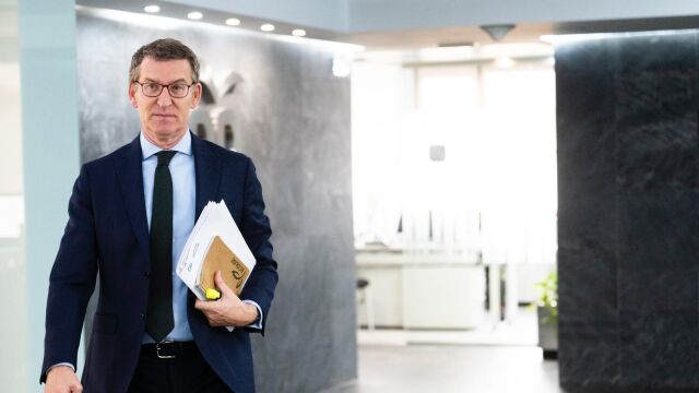El líder del PP, Alberto Núñez Feijóo en la sede del partido