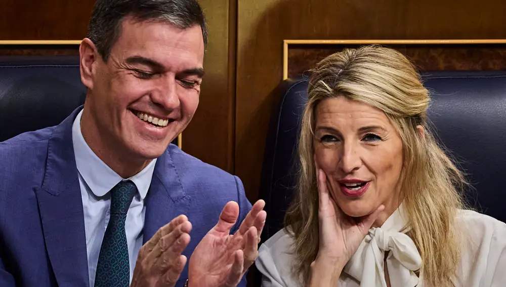 El presidente del gobierno, Pedro Sánchez, y Yolanda Díaz, vicepresidenta segunda y ministra de Trabajo y Economía Social durante la sesión de control al gobierno en el Congreso de los Diputados.
