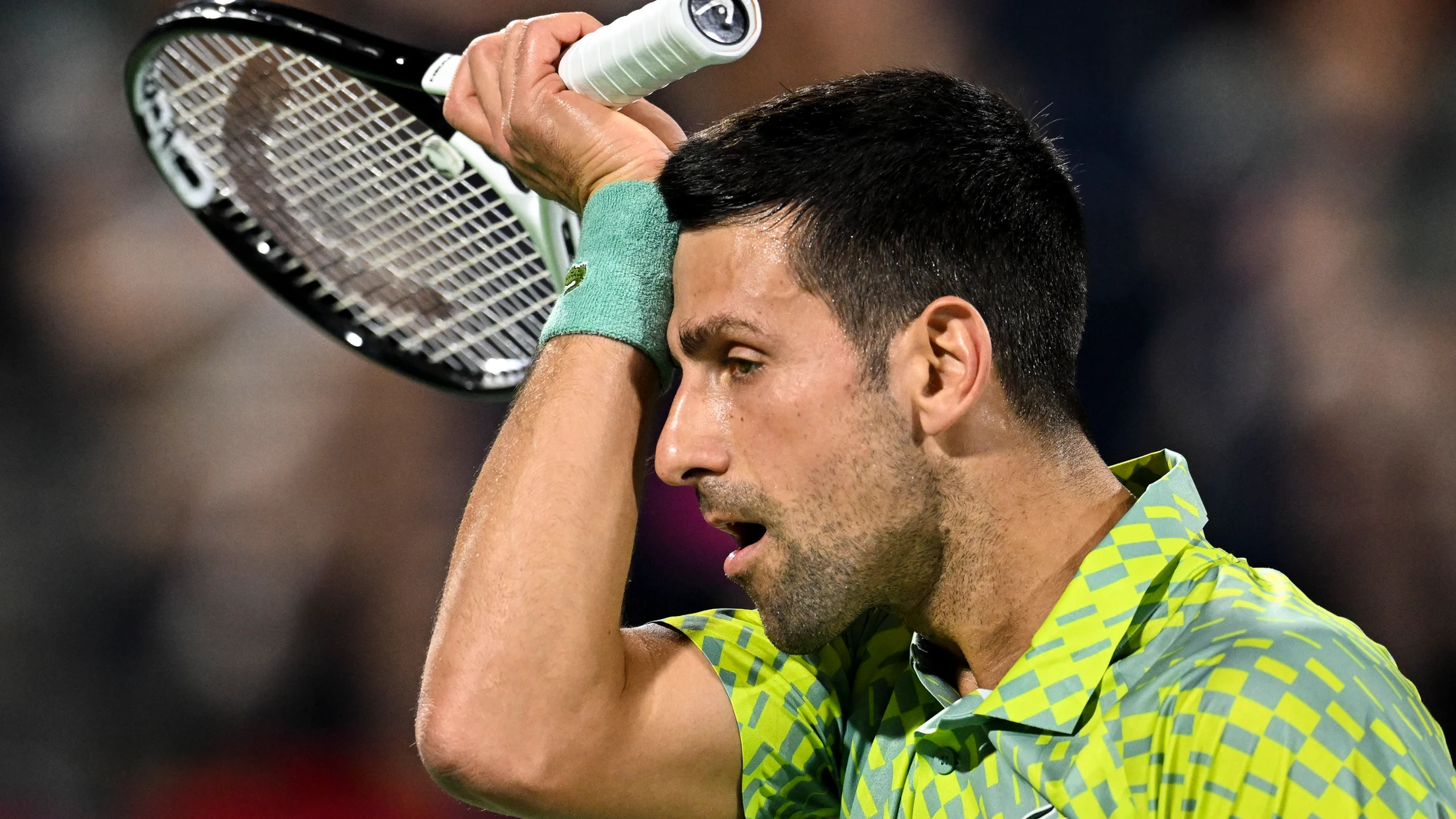 Dubai (United Arab Emirates), 28/02/2023.- Novak Djokovic of Serbia reacts during his round of 32 match against Tomas Machac of Czech Republic at the Dubai Duty Free Tennis ATP Championships 2023 in Dubai, United Arab Emirates, 28 February 2023. (Tenis, República Checa, Emiratos Árabes Unidos) EFE/EPA/Yoshua Arias
