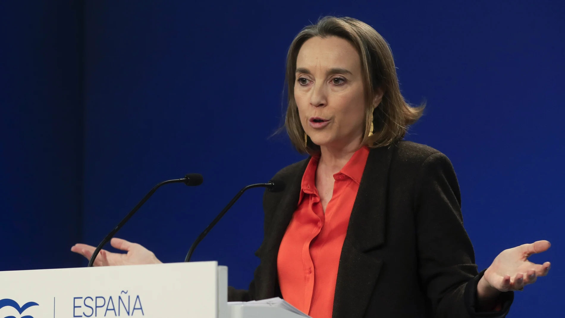 La secretaria general del PP, Cuca Gamarra, en rueda de prensa tras reunirse este miércoles con diputados, senadores y europarlamentarios para coordinar la estrategia frente al caso Mediador, una trama de corrupción de la que el exdiputado del PSOE Juan Bernardo Fuentes Curbelo sería el cabecilla, y en la que ha anunciado que impulsará una comisión de investigación en el Congreso para aclarar el llamado caso.