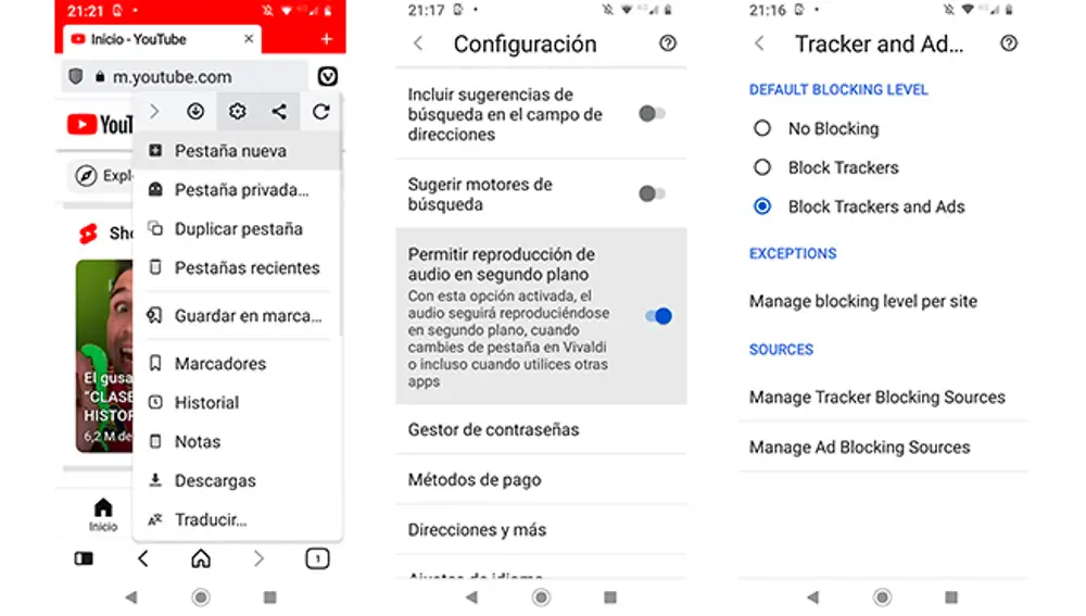 Configurando Vivaldi para activar la reproducción en segundo plano y el bloqueador de anuncios.