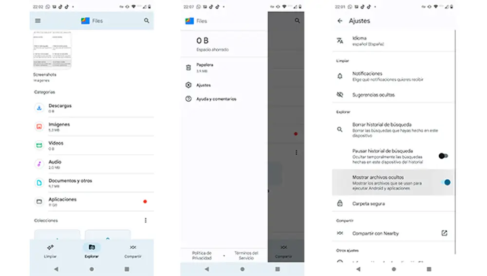 Activando la opción de mostrar archivos ocultos en Android.