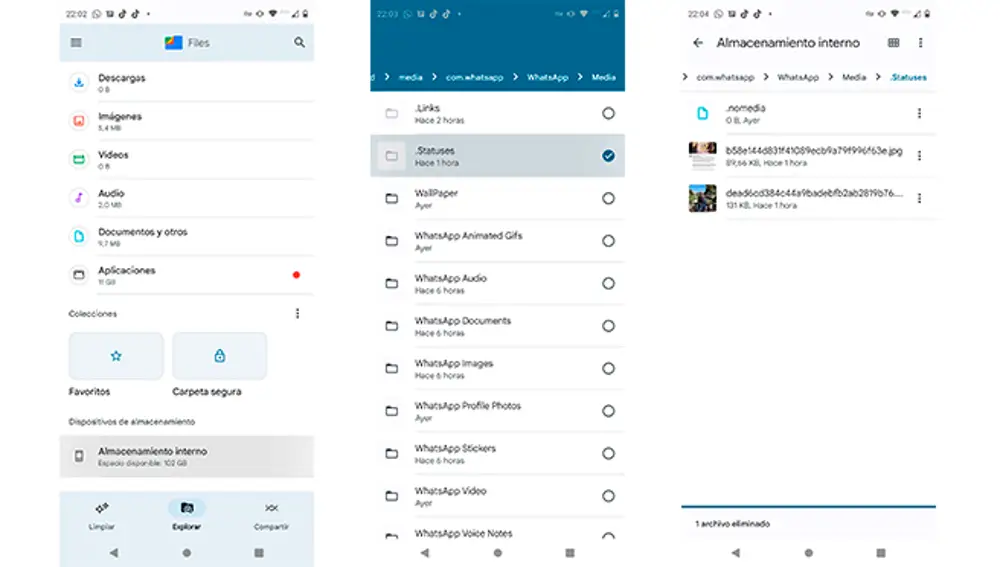 Accediendo a los arhviso de lso estados de WhatsApp guardados de forma temporal.