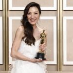 Michelle Yeoh with her Oscar for Best Actress for 'Everything Everywhere All at Once' in the press room during the 95th annual Academy Awards ceremony at the Dolby Theatre in Hollywood, Los Angeles, California, USA, 12 March 2023. The Oscars are presented for outstanding individual or collective efforts in filmmaking in 24 categories. 