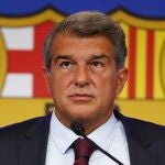 FC Barcelona club President Joan Laporta pauses during a news conference in Barcelona, Spain, on Aug. 6, 2021