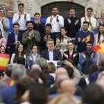 El presidente del Partido Popular, Alberto Núñez Feijóo, en un acto de su partido en el patio del antiguo CIM, en la Facultad de Ciencias de la Empresa de la Universidad Politécnica de Cartagena. 