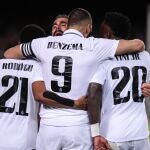 Benzema, Vinicius y Rodrygo celebran un gol junto a Carvajal
