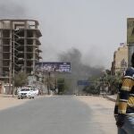Smoke is seen rising from a neighborhood in Khartoum, Sudan, Saturday, April 15, 2023. Fierce clashes between Sudanís military and the countryís powerful paramilitary erupted in the capital and elsewhere in the African nation after weeks of escalating tensions between the two forces. The fighting raised fears of a wider conflict in the chaos-stricken nation.
