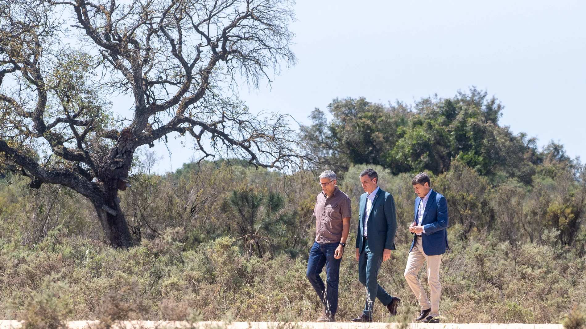 El presidente del Gobierno de España, Pedro Sánchez (c) acompañado del delegado del Gobierno en Andalucía, Pedro Fernández (d) y el director de la Estación Biológica de Doñana, Eloy Revilla (i) a su llegada a las declaraciones ante los medios de comunicación, a 20 de abril de 2023, en Huelva, (Andalucía, España). El jefe del Ejecutivo, acompañado por el delegado del Gobierno en Andalucía, Pedro Fernández, realizará una declaración ante los medios de comunicación y, posteriormente, visitará las instalaciones de la ICTS Reserva Biológica de Doñana 20 ABRIL 2023 Francisco J. Olmo / Europa Press 20/04/2023