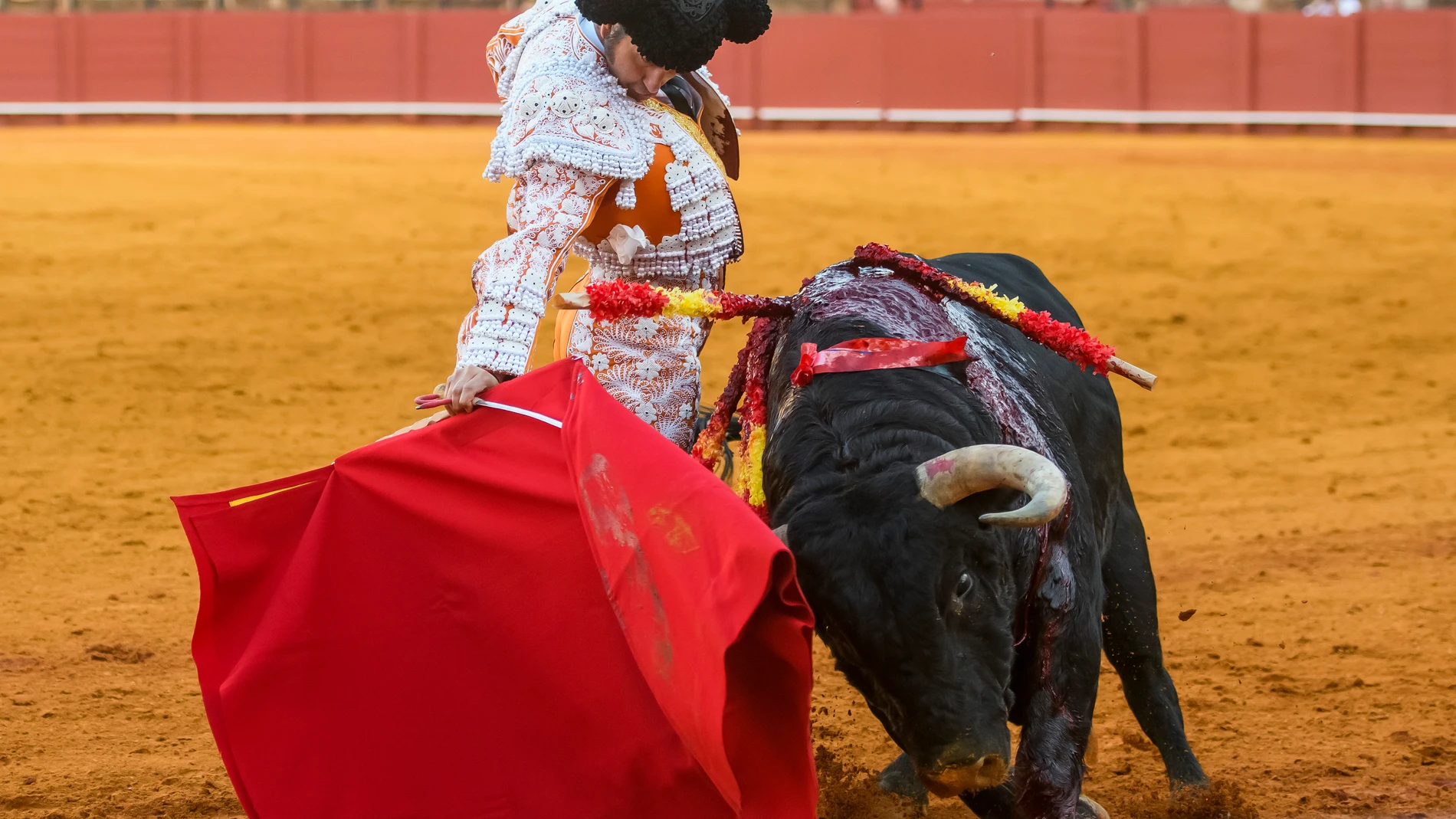 SEVILLA, 24/04/2023.- El diestro Morante de la Puebla en la lidia a su segundo toro, esta tarde en la Plaza de la Maestranza de Sevilla, durante el ciclo continuado da festejos de la Feria de Abril. EFE/Raúl Caro