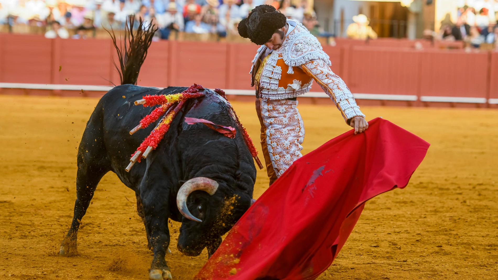 SEVILLA, 24/04/2023.- El diestro Morante de la Puebla en la lidia a su segundo toro, esta tarde en la Plaza de la Maestranza de Sevilla, durante el ciclo continuado da festejos de la Feria de Abril. EFE/Raúl Caro